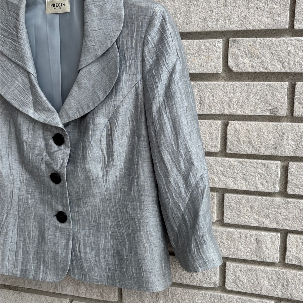 Precis Petite Gray/Silver Linen Blend Blazer with Double Collar and 3/4 Sleeves - Picture 5 of 7